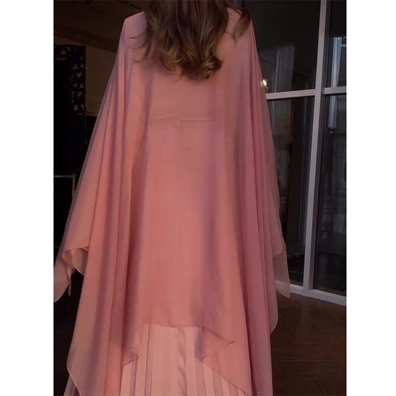 Cross-Border 2025 Autumn Pink Pleat Temperament Waist Hugging Long sleeve Pleated Big Hemline Dress Long Wrap Set Dress