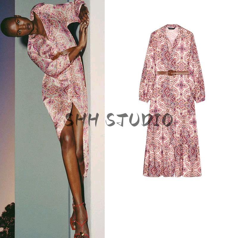 Spring New Women's Clothing Seaside Vacation Style Mid Length Long Length with Belt Print Midi Skirt Dress 2298061