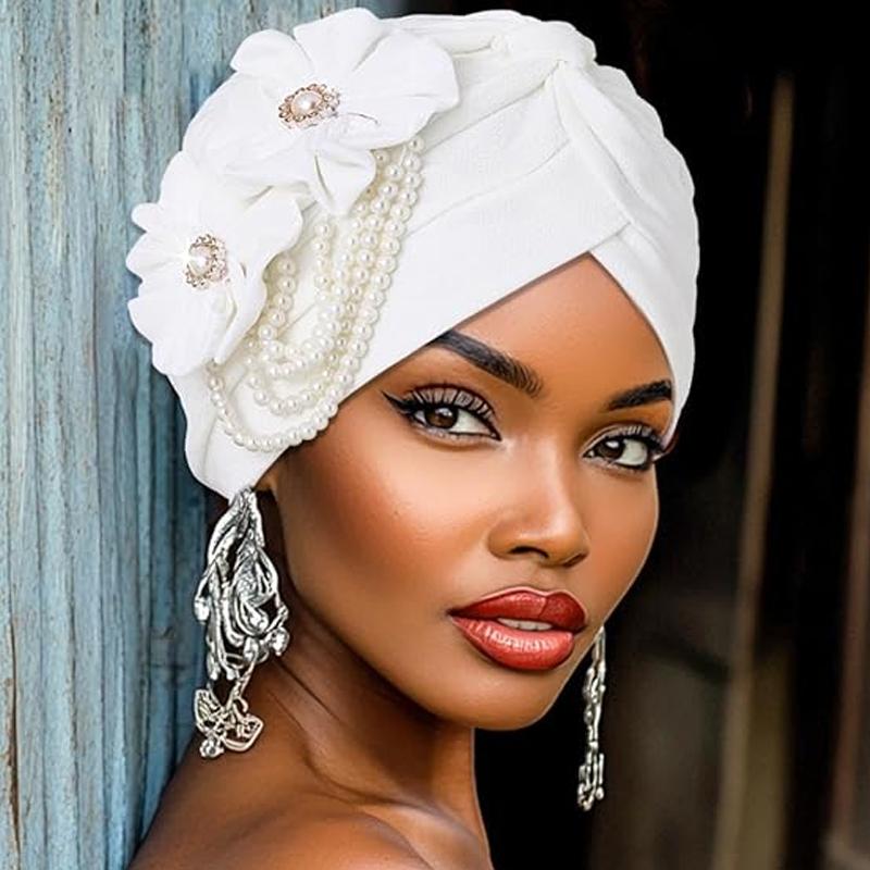 Pearls Beading Turban Cap for Women Flower Design Female Head Wraps Muslim Headscarf Bonnet Hairloss Hat Cover