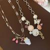 Crystal beaded oil dripping flower strawberry necklace sweet cool style design sense niche collarbone chain light luxury high sense neck chain