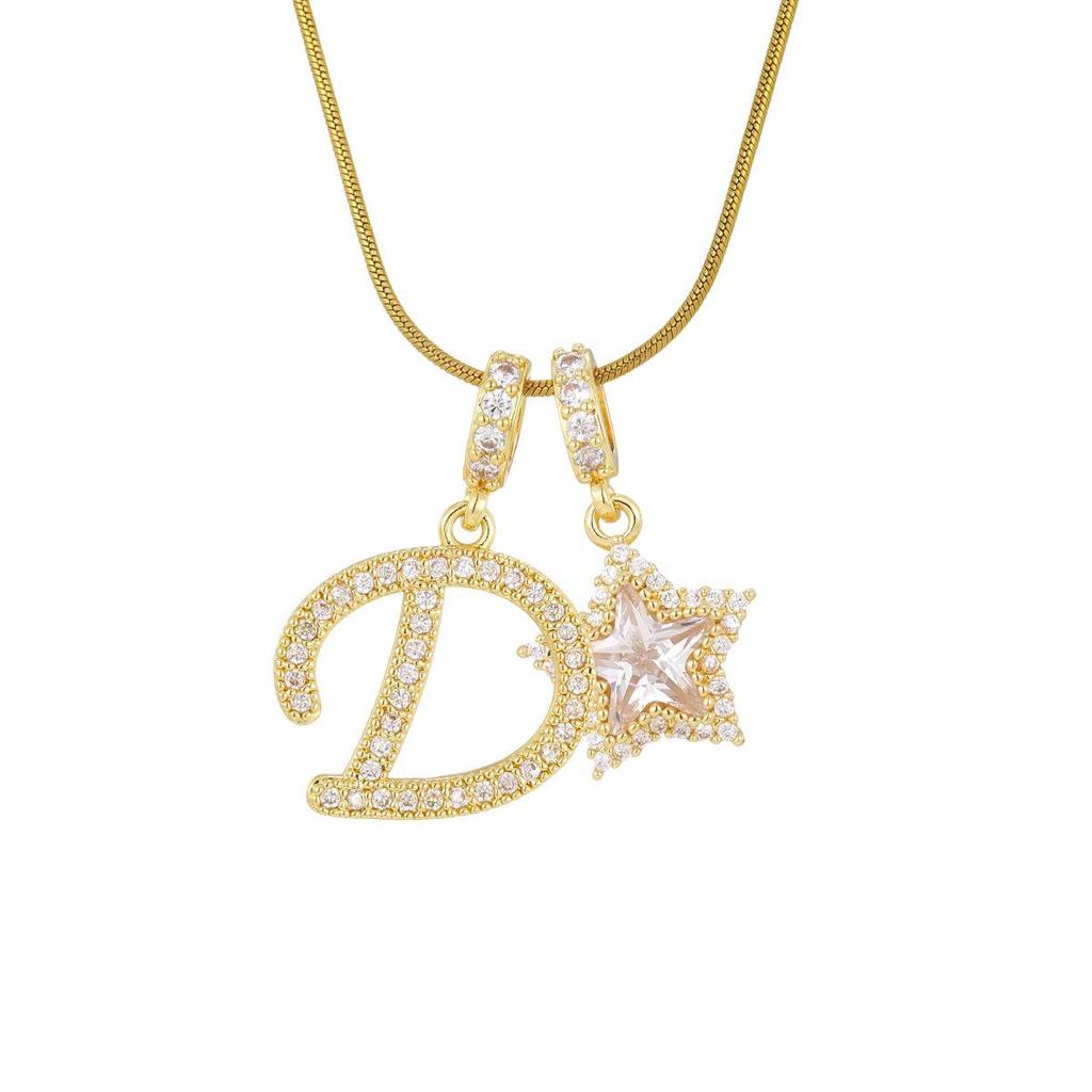 18K Gold Plated Copper Necklace with Zirconium Pentagram & Letter Pendant for Women
