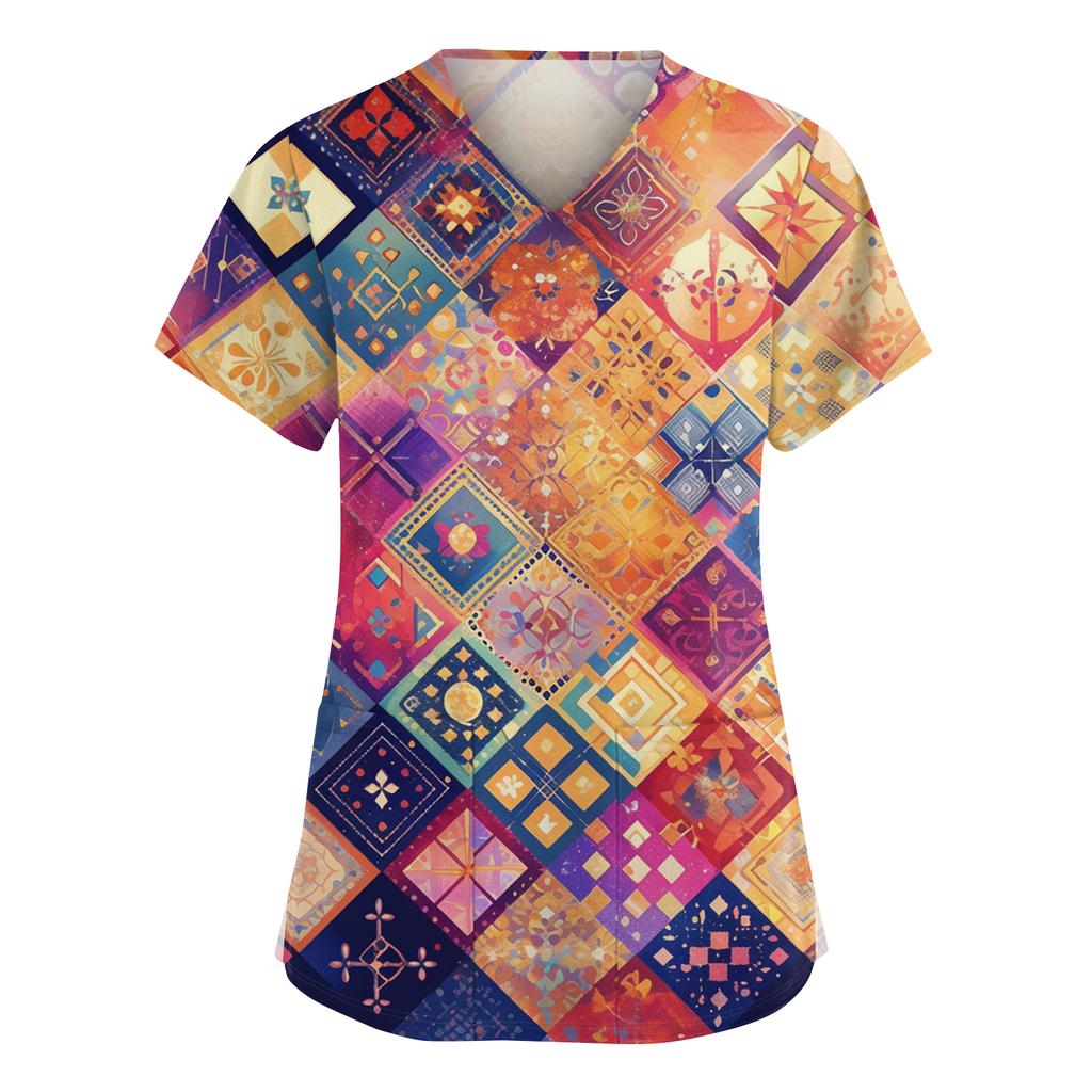 Women's Fashionable V-neck Workwear Printed Short Sleeved Pocket Side Slit Workwear Basic Pullover Top