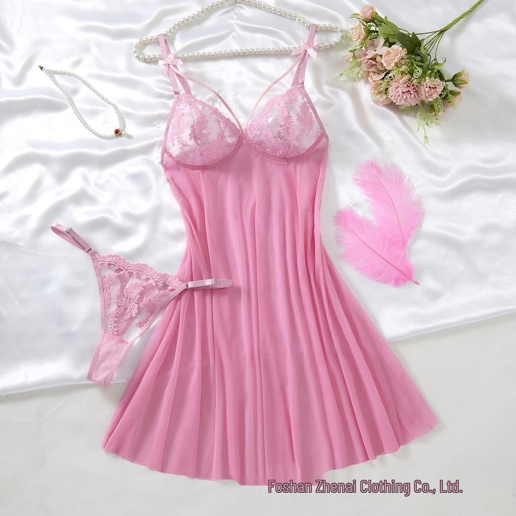 Multi-Color Bow Wheat Ear Embroidered Deep V See-Through Lingerie Set with T-Back