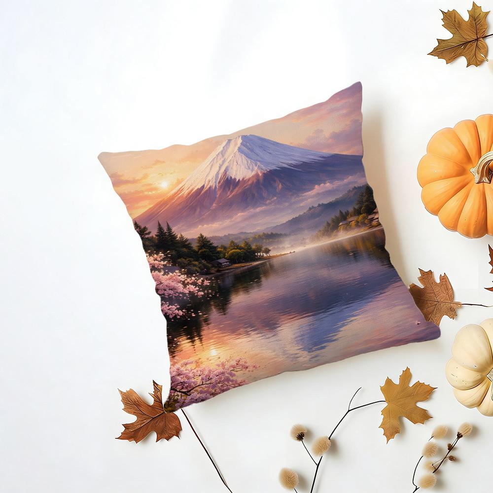 Japanese Cherry Blossom Fuji Mountain Sunset Cushion Cover Washable Linen Pillowcase Soft for Daily Sofa Bed Home Room Decor