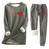Women's Print Round Neck Warm Suit Long Sleeve Fleece Drawstring Sweatpants Two-Piece Set