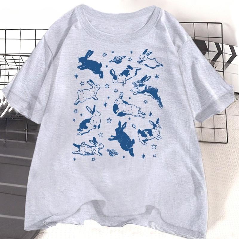 Bunnies In Space T Shirt Funny Bunny Tshirt Oversized Graphic Retro Tshirt Unisex WOMEN Sportswear Tops Tees Short Sleeve Clothes