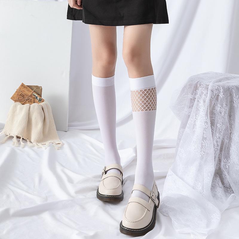 Trendy Black Mesh Velvet Mid-Tube Socks - JK Dark Series