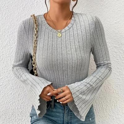 New Autumn Flare Sleeve Round Neck Casual T-shirt Women Fashion Elegant Slim Fit Women Tee Shirts Vintage Winter Base Simple Office Lady Tshirts 25177