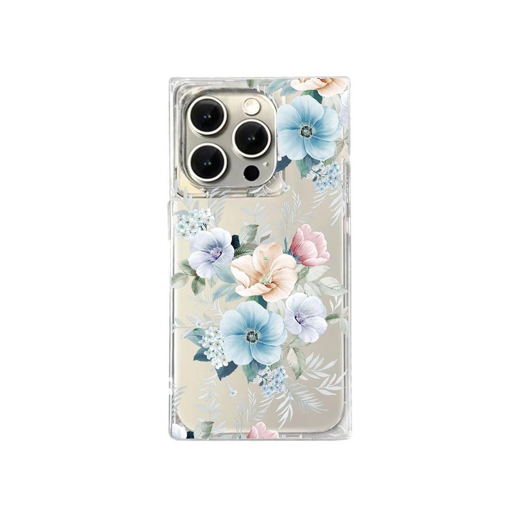 Clear Square Back Tube Case Protection For iPhone 16 ProMax 14 Pro Max 15 Plus 12 13 11 Anti-Oxygen,Pinkish-Blue Flowers Pattern Casing