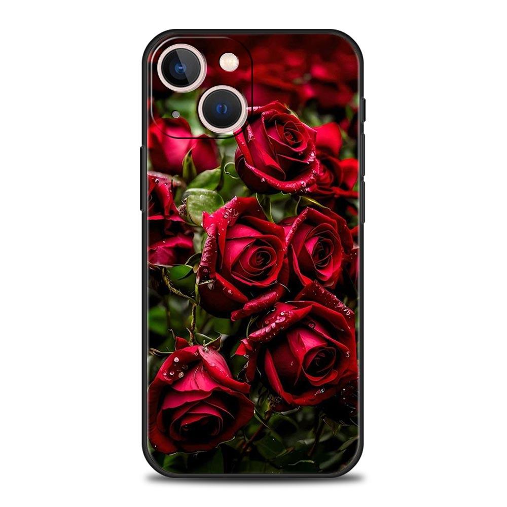 Luxury Phone Case For Apple iPhone 11 15 14 Pro MAX 12 13 7 8 Plus X XR XS MAX SE Black Cover Funda Beautiful Red Rose Flowers