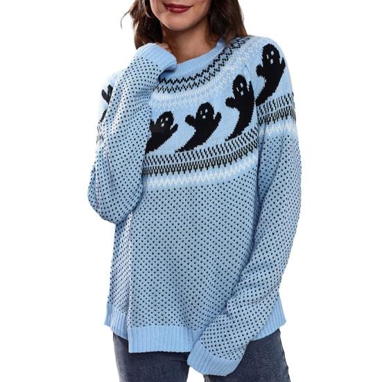 Damski sweter jesienno-zimowy nadruk z duchem kreskówkowym z długim rękawem drążony styl Halloween wokół szyi dzianinowy gruby miękki sweter dopasowany kolorystycznie