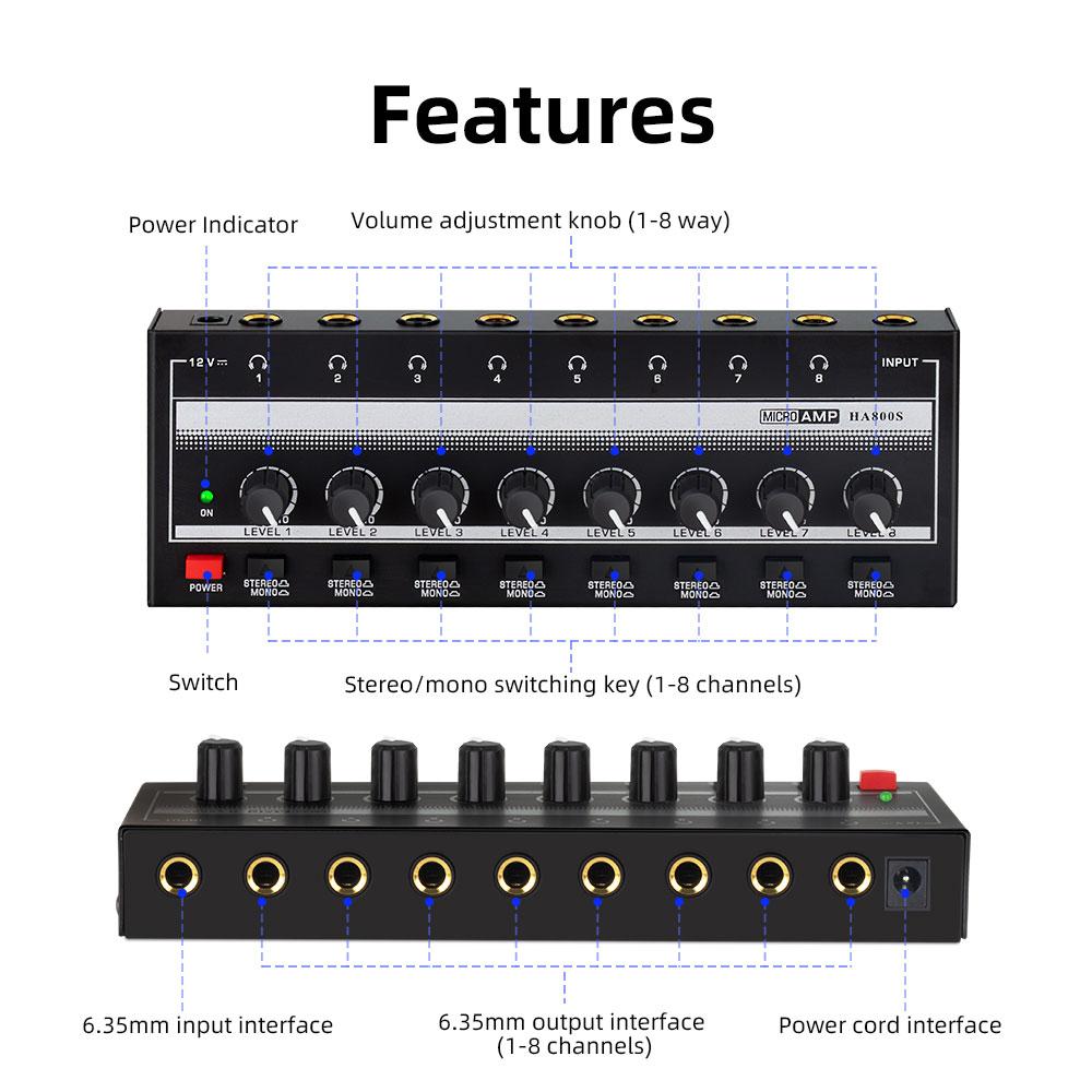 8 Channels Mini Headphone Amplifier Ultra-Compact Stereo Audio Amplifier with Power Adapter Earphone Splitter