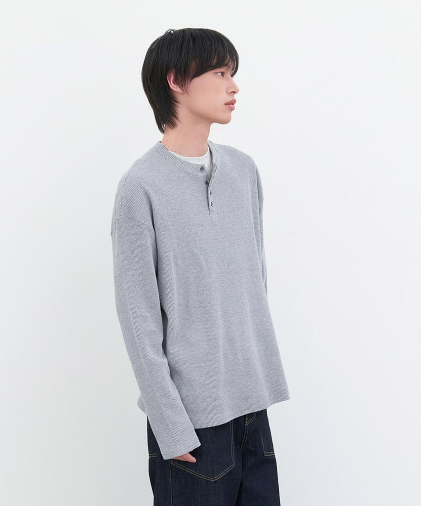 LEIRE Waffle Henley Neck Long Sleeve T-Shirt [Gray]