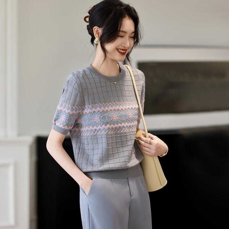 Srcr Women s Silk Blend Jacquard Knit Short Sleeve Top L