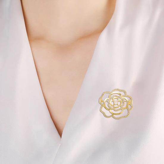 Women Brooch High-Gloss Rhinestone Inlay Sparkling Hollow Camellia Design Lapel Pin Non-Slip Buckle Scarf Badge Clothing Bags Accessories