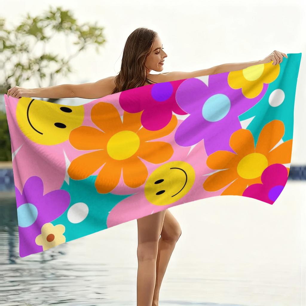 Asciugamano da Spiaggia Retro Faccina Sorridente e Margherita, Asciugamano in Microfibra Colorato con Stampa Floreale Groovy, Asciugamano Leggero Assorbente
