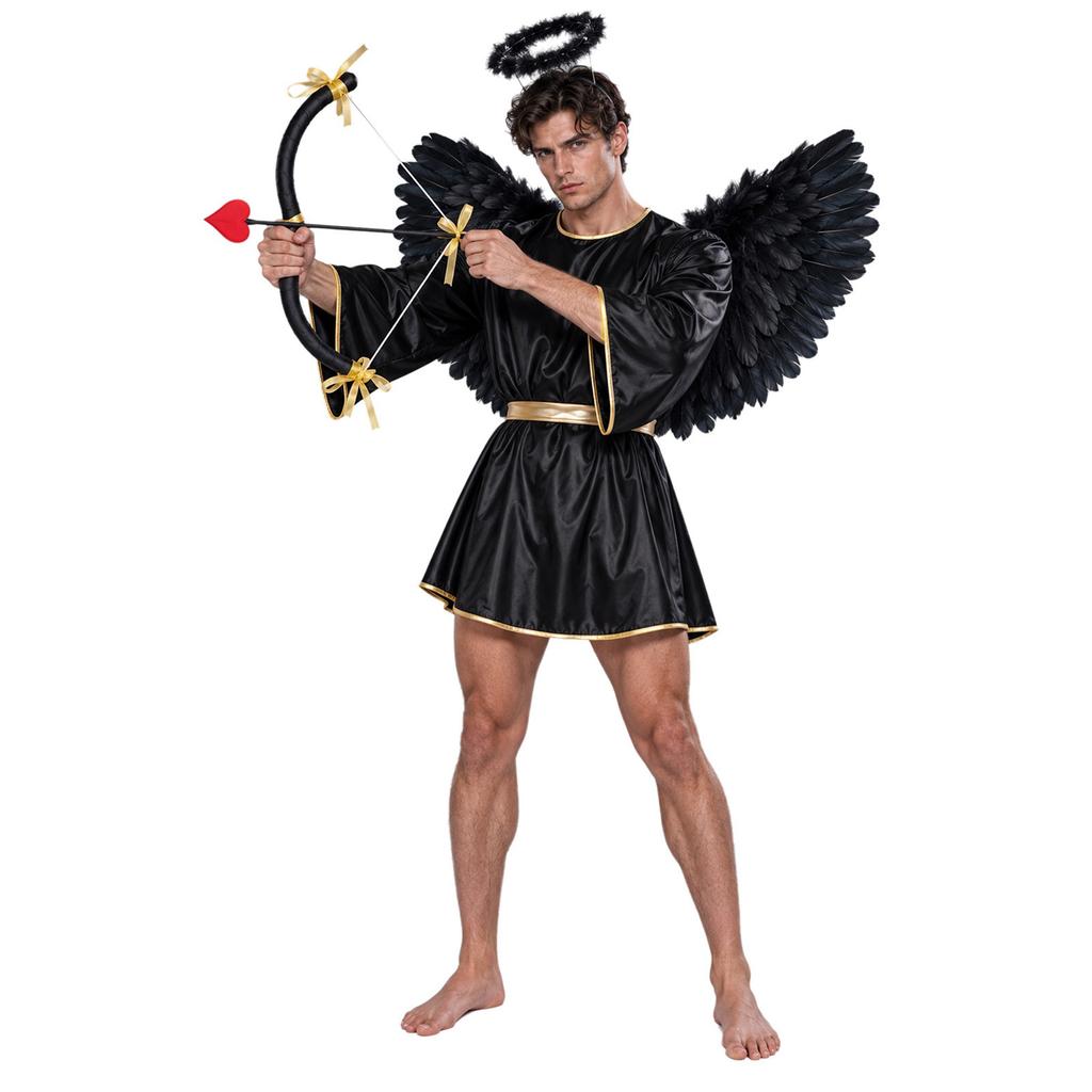 Men Angel Role Play Robe Patchwork Gold Trim Round Neck Batwing Sleeve with Feather Wing Headwear Bow and Arrow Set for Carnival