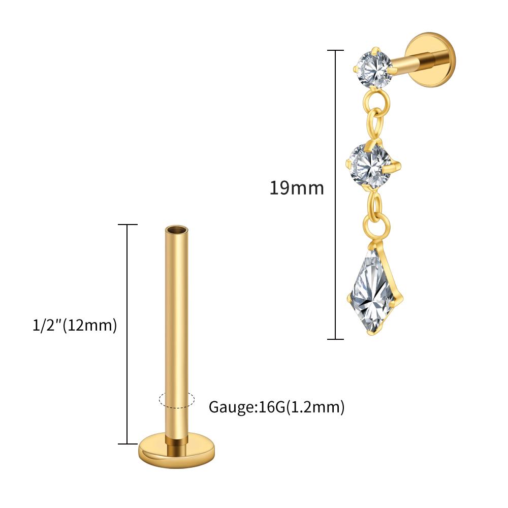 Right Grand ASTM F136 Titanium Dangling CZ Drop Piercing 16G Dangle Chain Kite Shape Cartilage Helix Stud Flat Back Earring