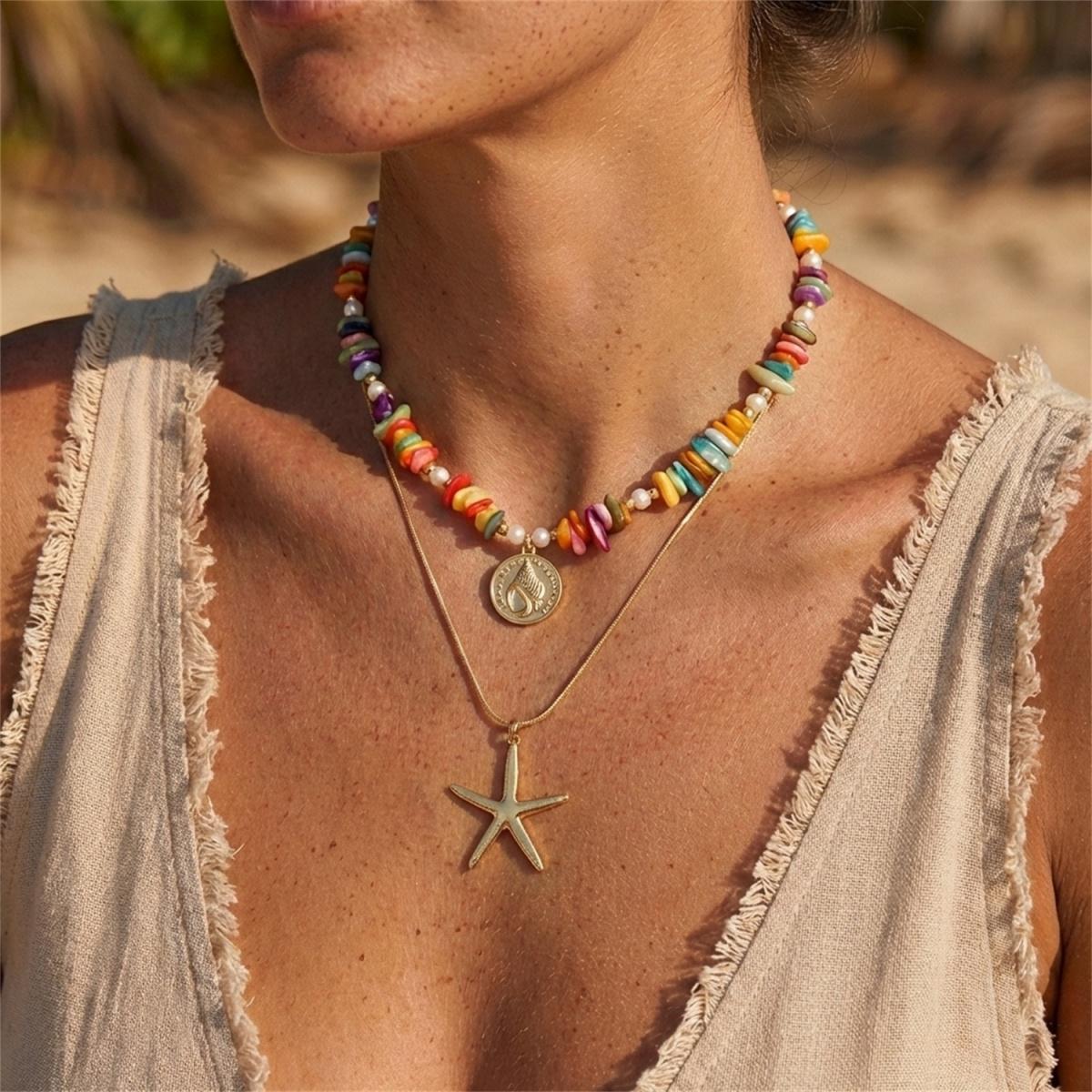 

Colorful Crushed Stone Beads Starfish Round Conch Pattern Pendant Necklace For Women Men Double Layer Star Choker Summer Jewelry