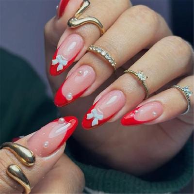 24 Pcs Bows Full Cover False Nail Press On Nail Almond Shape Stick On Nail Glossy Acrylic Nail for Valentines Day