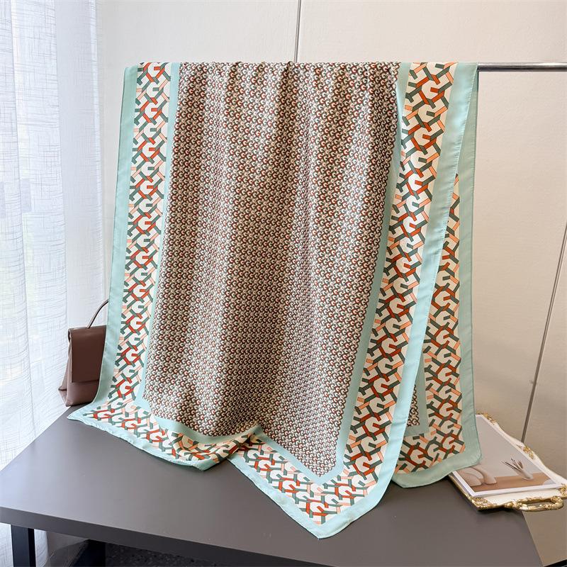 

Contrast color geometric simulation silky brocade fashion sunscreen retro style silk scarf long scarf shawl versatile headscarf scarf 180*85cm