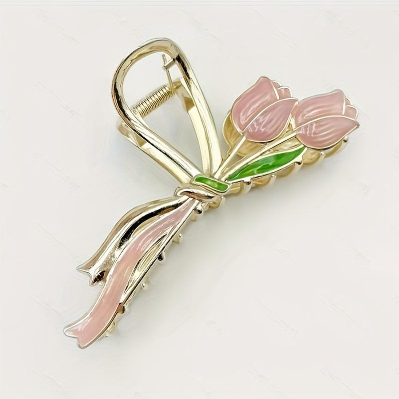 

Элегантная заколка-краб в форме тюльпана - большая заколка-краб из сплава в форме акулы, цветочный дизайн, нескользящая, с жемчужными вставками, идеально подходит для густых волос - стильный аксессуар