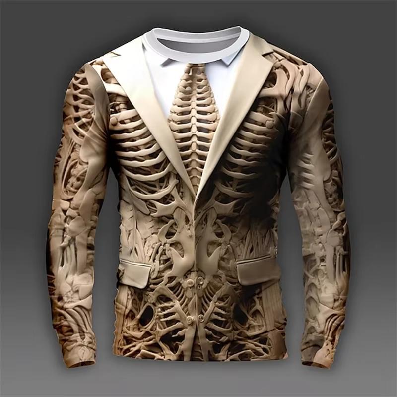 Spring and Autumn Round Neck 3D Skeleton Skull Pattern Printed Top Fashionable Casual Long Sleeved Men's T-shirts
