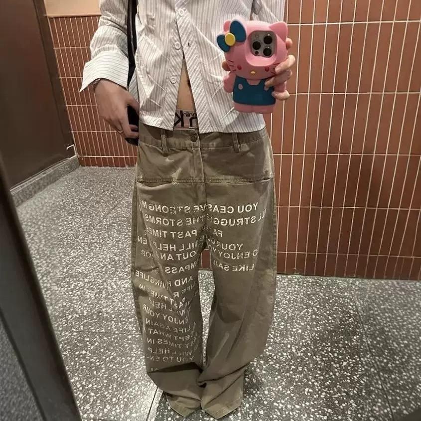 VibeStreet Американские Джинсы Большого Размера с Принтом Букв Женские Винтажные Свободные Ленивого Стиля Брюки в Пол Прямые Джинсы S