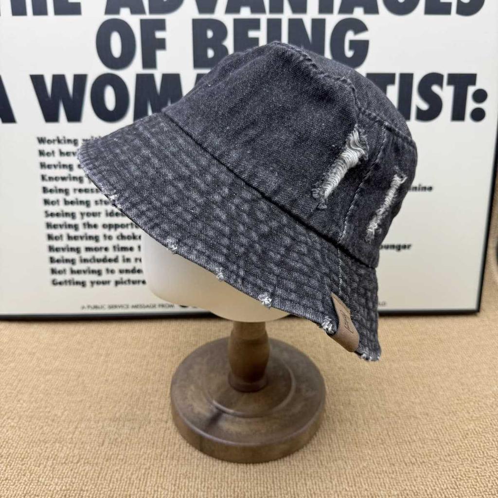 American Retro Old Denim Bucket Hat Women's Broken Edge Rough Edge Design Street Wind Show Face Small Sun Hat Sub Basin Hat