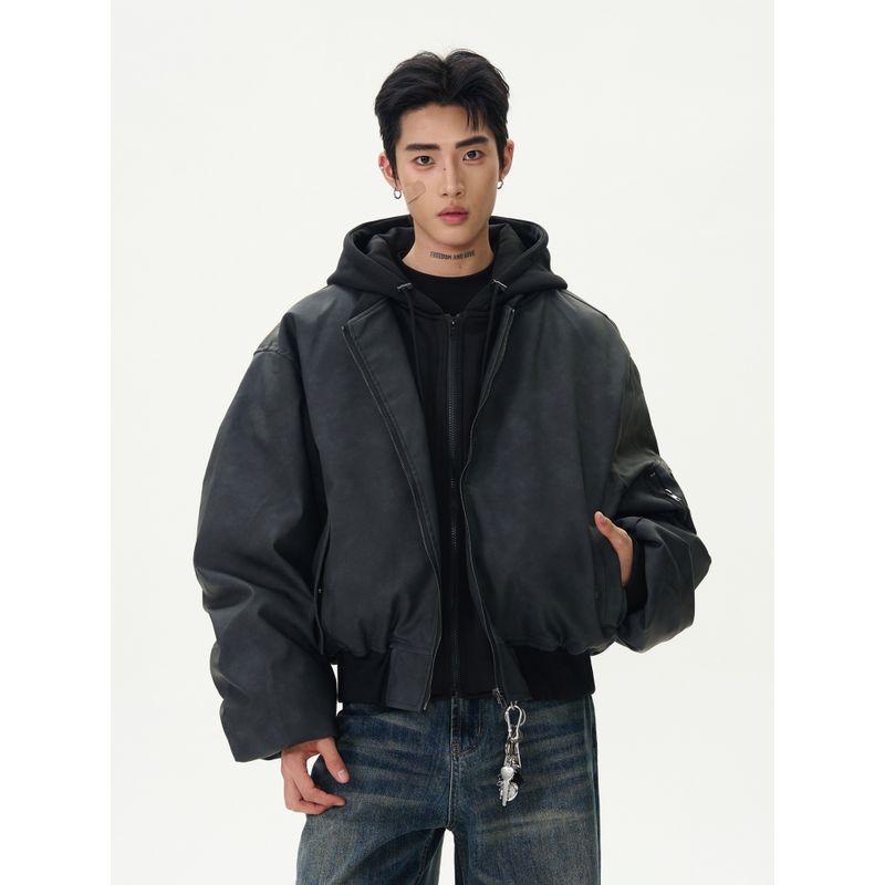 Kisko American Retro Bomber Faux Two-Piece Oversized Jacket for Men and Women Vibe Thickened Hooded Cotton Coat Trendy