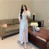 Sexy Low-cut Collar Slim-fitting Temperament One-piece Waist Strap Skirt Ink Printing Split-ended Long-sleeved Dress