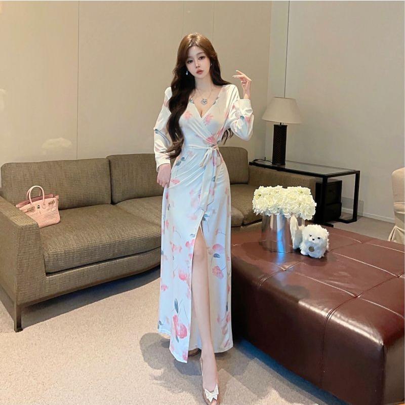Sexy Low-cut Collar Slim-fitting Temperament One-piece Waist Strap Skirt Ink Printing Split-ended Long-sleeved Dress