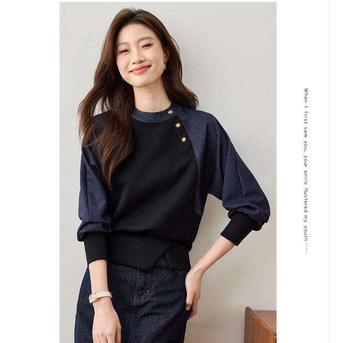 Retro High-end Denim Patchwork Stand Up Collar Sweatshirt for Women Autumn Fashion Long Sleeved Spring Denim