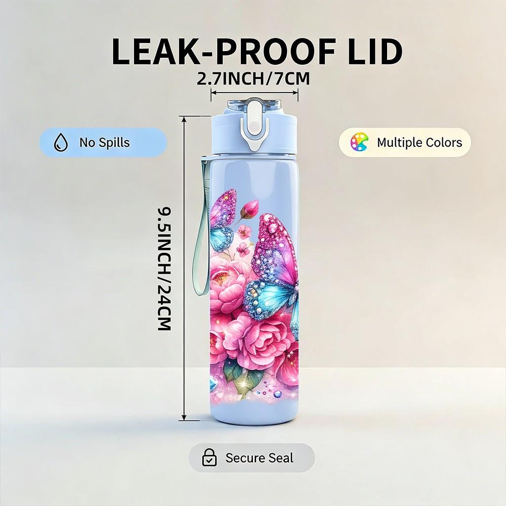 1PC Pink Rose Boho Floral Bouquet Art 750ml Color Plastic Sports Water Bottle Leakproof Flip Straw Lid Suitable for Sports Office Home Use