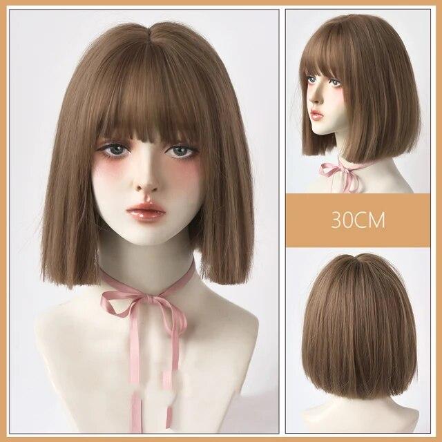AS černé krátké rovné syntetické paruky s ofinou Bob paruka pro ženy Denní Cosplay Party Tepelně odolné umělé vlasy