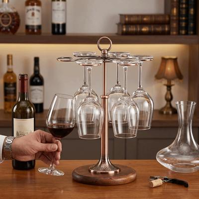 Wood Base Bar Glass Stand Metal Frame Decor Ornament Stylish Look Display Rack  Wine Set Storage