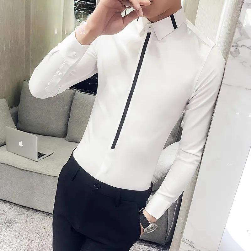 Men's Slim Fit Long Sleeve Shirt Contrast Red Striped Lapel Formal Casual Business Top