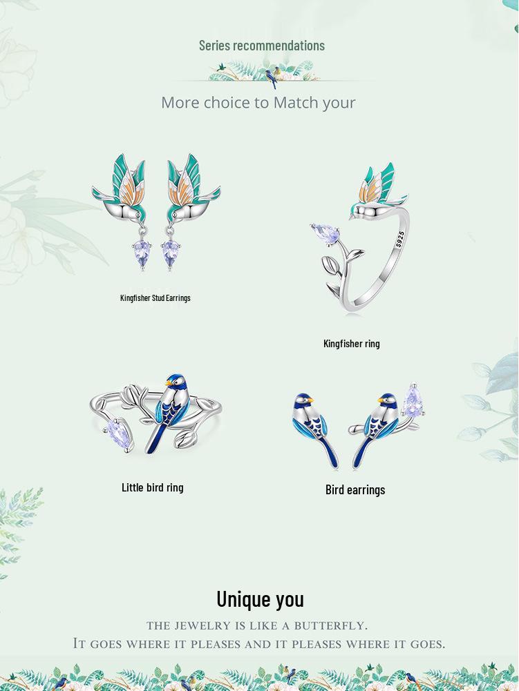 Silver Blue Bird Earrings & Ring Set - Unique 925 Sterling Design