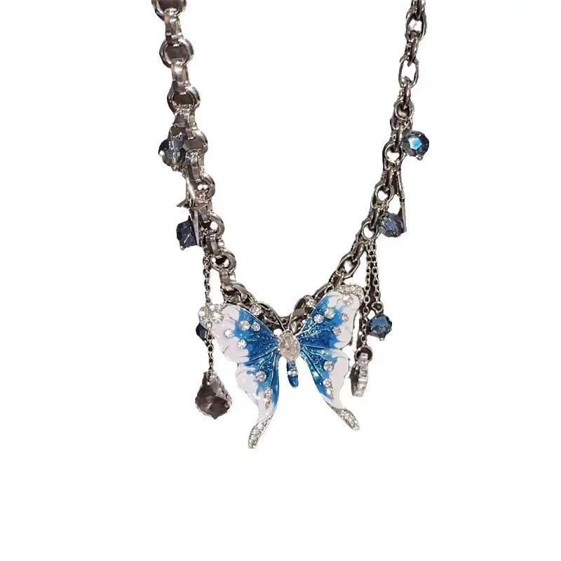 Personalized Punk Butterfly Crystal Bead Pendant Chains Choker Necklace For Women Y2K Rock Halloween Party Grunge Accessories