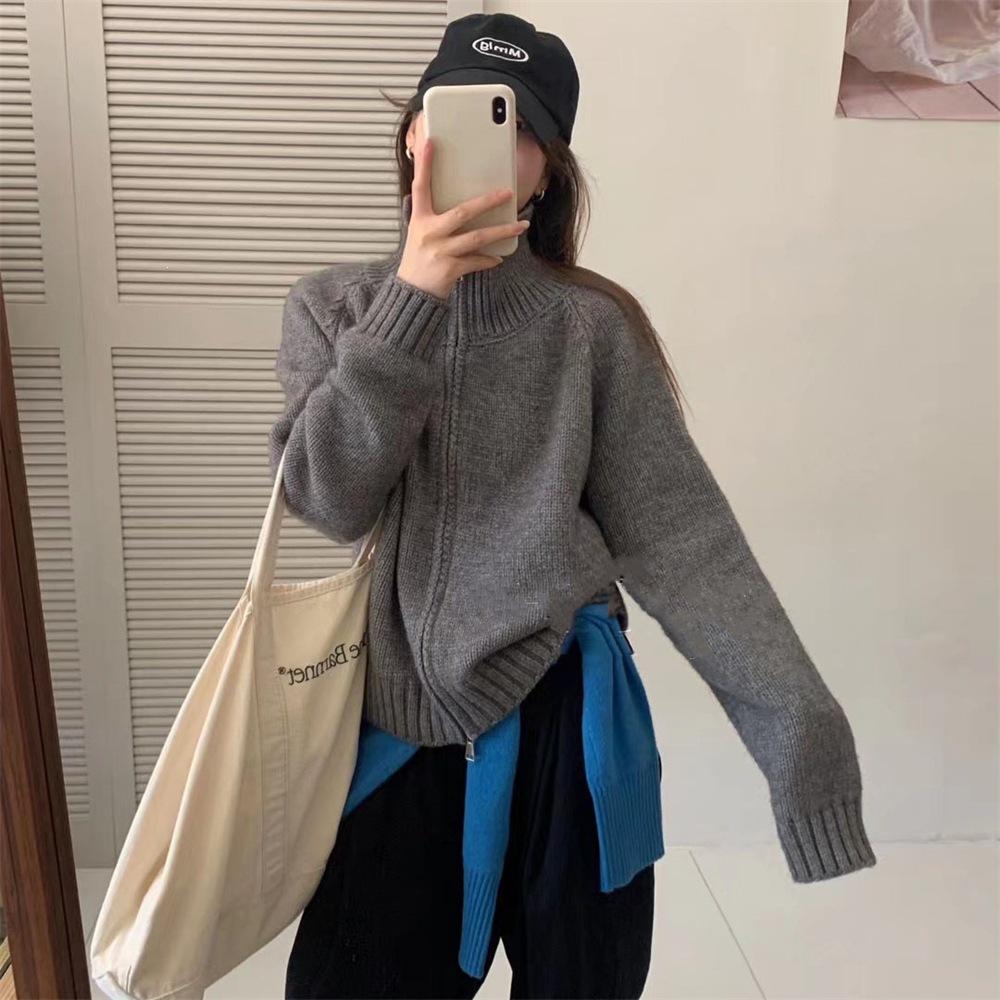 Women's Korean Style Stand Collar Double Zipper Knit Cardigan