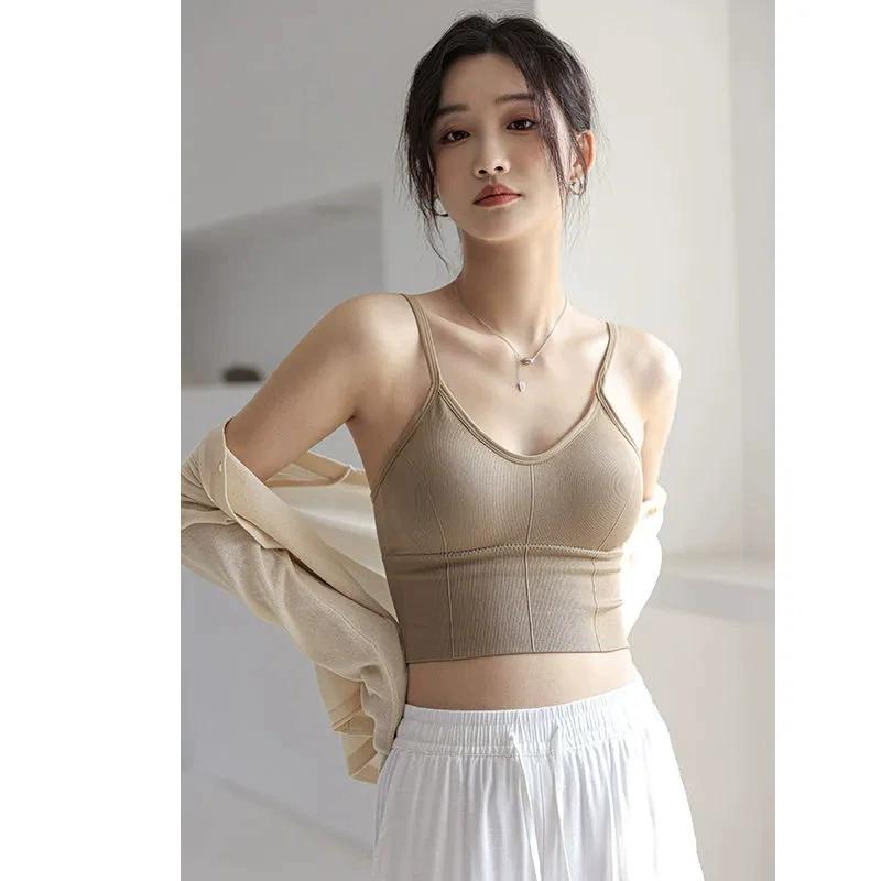 Top da donna Canotta sexy Canotta da donna Reggiseno incorporato Colore unito Canottiere per donna Top corto Spalle scoperte Canotta senza maniche Nuovo