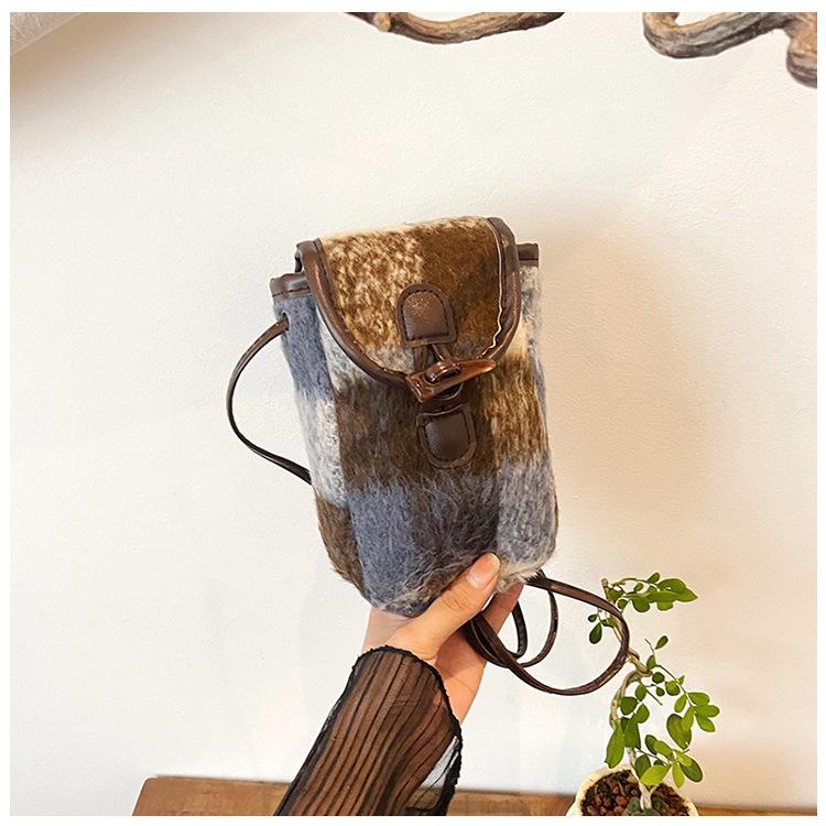 Women's Woolen Plaid Crossbody Mini Phone Bag - Lock Design 2025 Edition