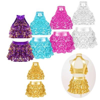 Dětské Dívčí Taneční Oblečení Lesklé Flitry Jazz Dance Kostýmy Crop Top se sukněmi Set taneční oblečení