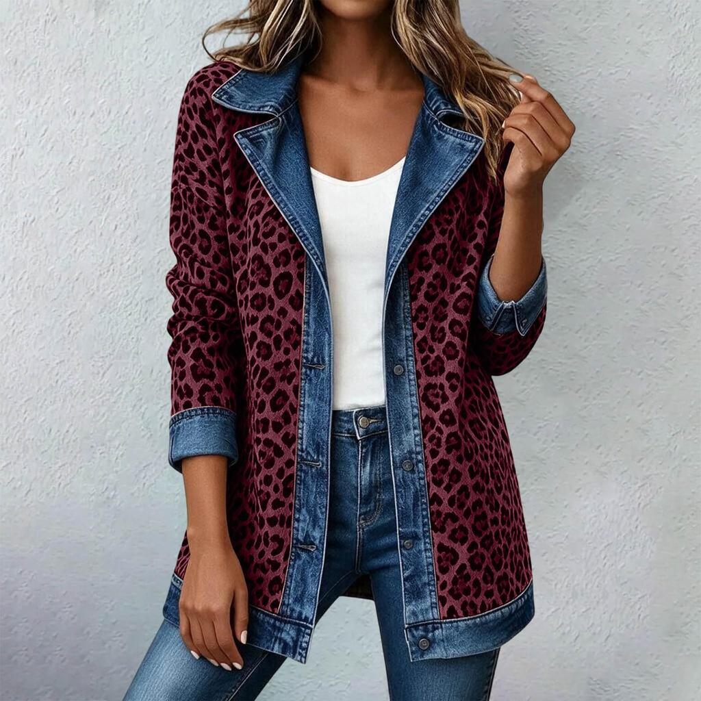 Women's Casual Real Denim Jacket with Leopard Print Patchwork Design for Daily Wear