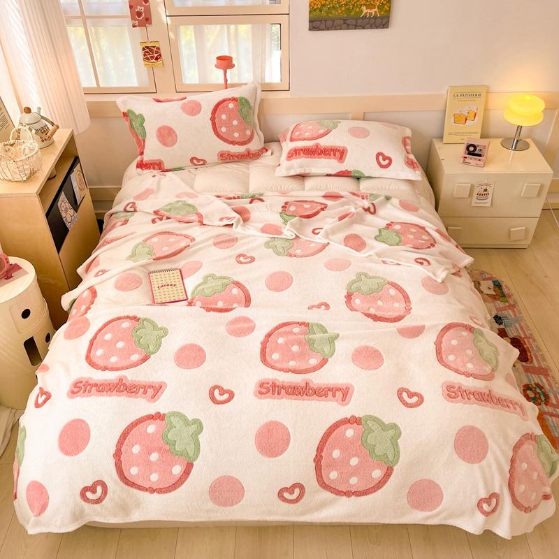 Cartoon Pink Strawberry Flannel Blanket for Kids Girls Soft Warm Lightweight Throw Blanket for Sofa Bed Traveling Camping Gifts