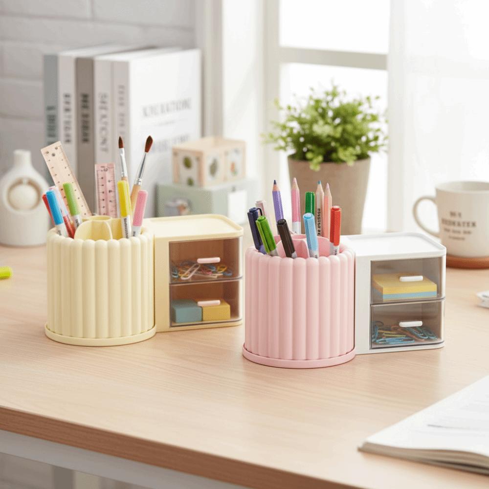 2 Drawers Makeup Brush Holder Large Capacity Desk Organizer Rotating Organizer  Stationery Storage