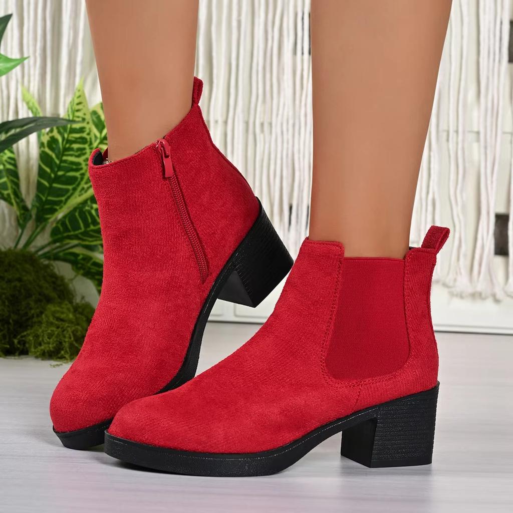 Women's Fashion Short Boots Suede Boots Low Mid Block Heel Boots Side Zipper Booties Shoes