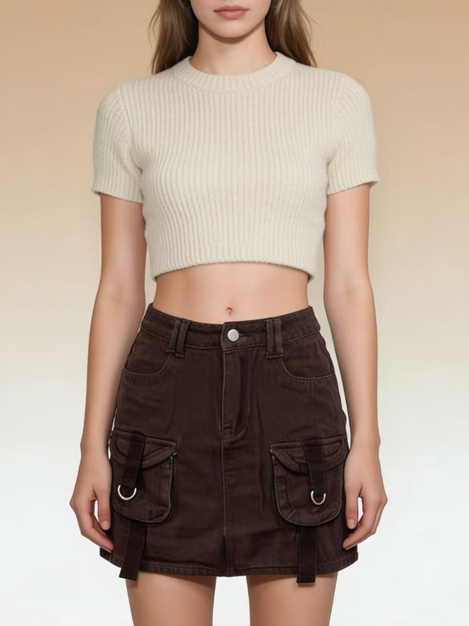 

Summer Spicy Girl High Waist Bodycon Double Pocket Denim Skirt Small кофейный