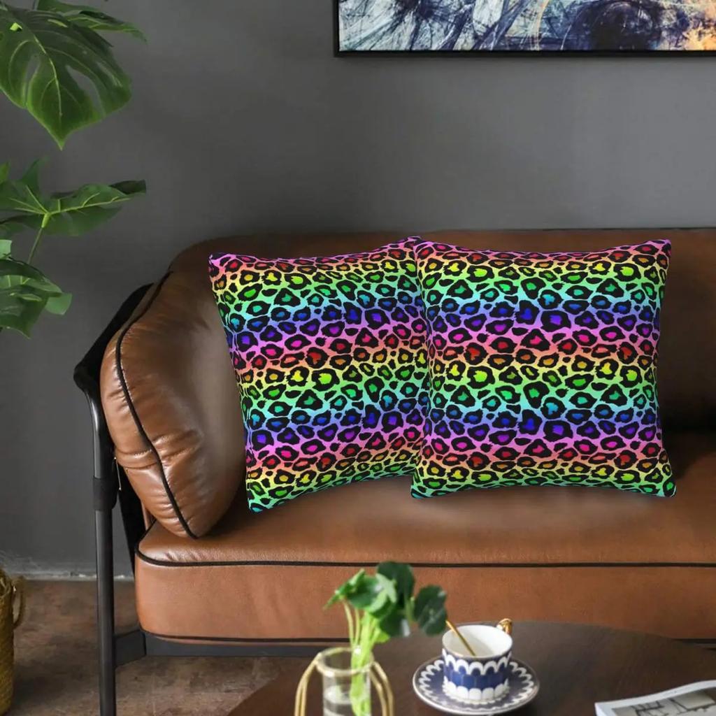 Colofrul Rainbow Leopard Print Animal Skin Cheetah 2 Pcs Square Pillowcase Pillow Cover Cushion Throw Pillow For Home Sofa