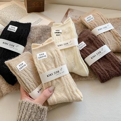 Women's Mid-Tube Cashmere Wool Socks - Thick, Warm, Solid Color for Autumn & Winter